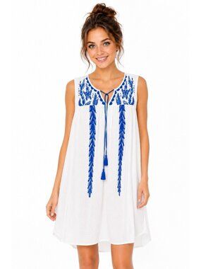 Simply Southern White Blue Embroidered Sleeveless Tunic Dress Medium Boho Tasse